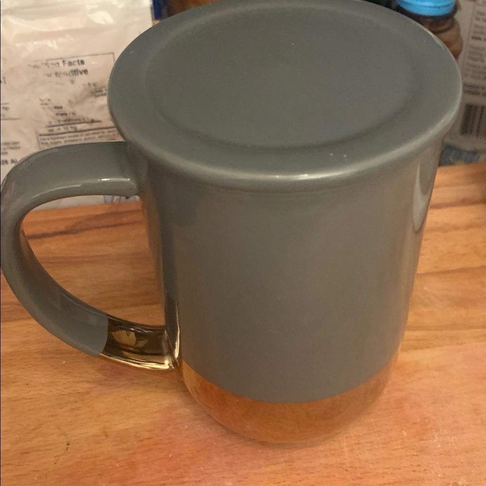 Large Grey and Gold Ceramic Tea Mug W/ Ceramic Lid